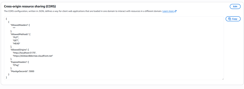 CORS configuration for the upload bucket